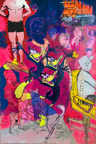 daffyness in pink and blue. acrylic on canvas. 80 x 120 cm.